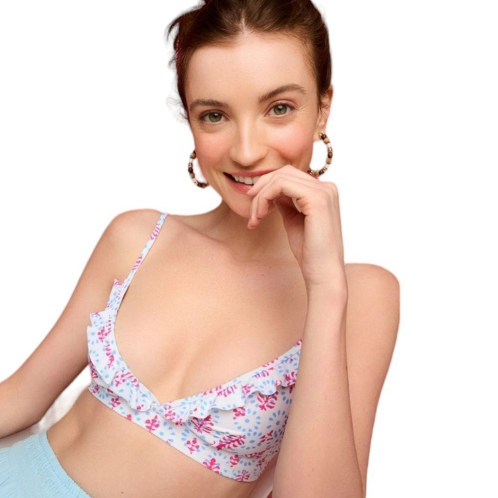 J. CREW Floral French Bikini Ruffle Top in Soft Cornflower Wild Bee sz S NWT - Picture 3 of 14